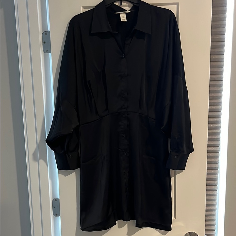 H&M Black Satin Button-Up Dress